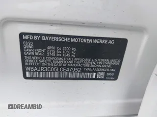 2020 BMW 5 Series 530i with VIN WBAJR3C05LCE47952, listed as a IAAI auction lot 41197056 with 48,315 mi miles and . Bid and sale history available at DreamBid. Image 9.