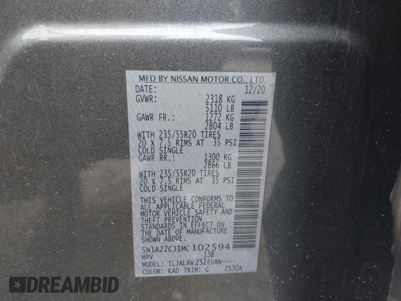 2021 Nissan Murano SL with VIN 5N1AZ2CJ1MC102594, listed as a IAAI auction lot 40584770 with 74,839 mi miles and . Bid and sale history available at DreamBid. Image 9.
