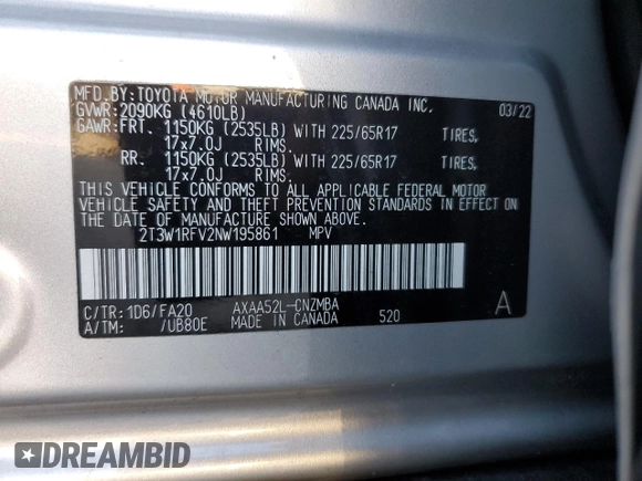2022 Toyota RAV4 XLE with VIN 2T3W1RFV2NW195861, listed as a Copart auction lot 69635394 with 19,815 mi miles and Non repairable. Bid and sale history available at DreamBid. Image 13.