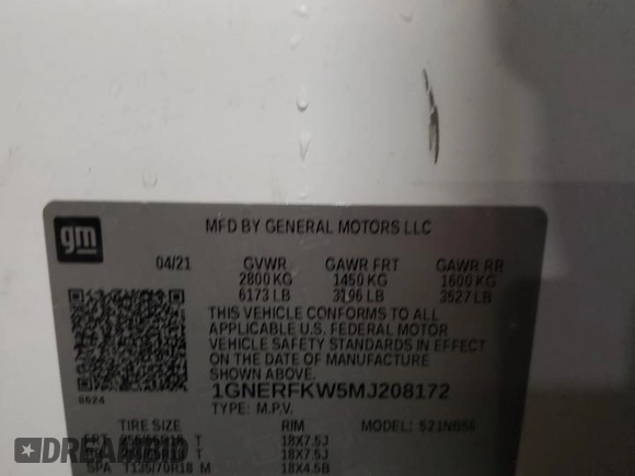 2021 Chevrolet Traverse LS with VIN 1GNERFKW5MJ208172, listed as a Copart auction lot 52043415 with 75,614 mi miles and Salvage title. Bid and sale history available at DreamBid. Image 13.