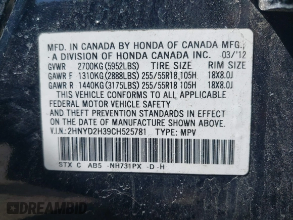 2012 Acura MDX Tech Pkg with VIN 2HNYD2H39CH525781, listed as a IAAI auction lot 42076717 with 179,563 mi miles. Bid and sale history available at carsss.com. Image 9.