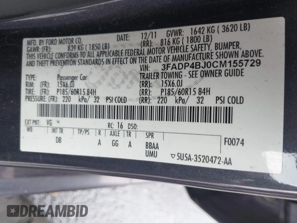 2012 Ford Fiesta SE with VIN 3FADP4BJ0CM155729, listed as a IAAI auction lot 41800447 with 90,091 mi miles. Bid and sale history available at carsss.com. Image 9.