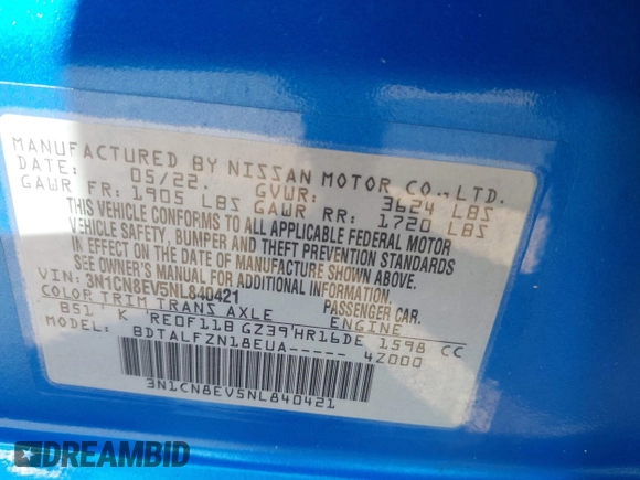 2022 Nissan Versa SV with VIN 3N1CN8EV5NL840421, listed as a IAAI auction lot 41645793 with 28,830 mi miles and . Bid and sale history available at DreamBid. Image 9.