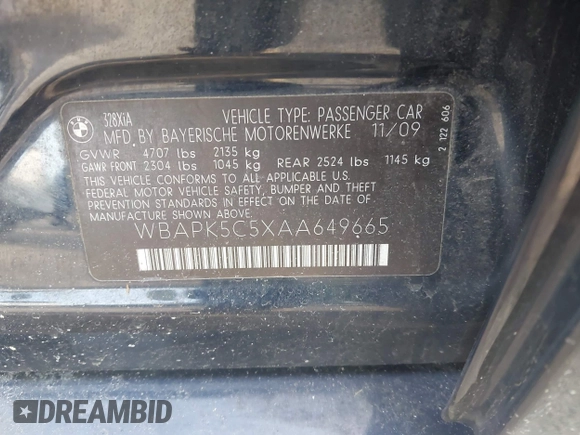 2010 BMW 3 Series 328i xDrive with VIN WBAPK5C5XAA649665, listed as a IAAI auction lot 41929973 with 133,593 mi miles and . Bid and sale history available at DreamBid. Image 9.