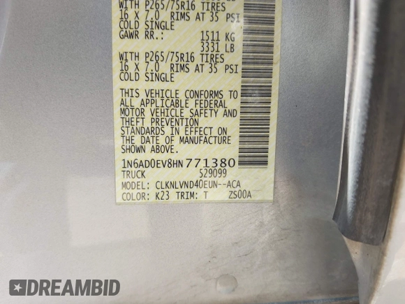 2017 Nissan Frontier SV with VIN 1N6AD0EV8HN771380, listed as a IAAI auction lot 42392248 with 104,192 mi miles and . Bid and sale history available at DreamBid. Image 9.