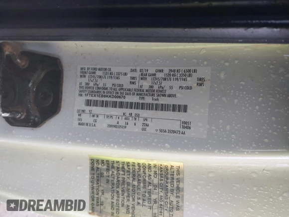 2019 Ford F-150 XL с VIN 1FTEX1EB8KKD00670, выставлен на аукционе IAAI как лот 42121709 с пробегом 96 521 миль миль и . История ставок и продаж доступна на DreamBid. Изображение 9.