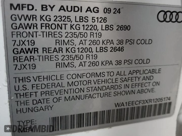 2024 Audi Q3 S line Premium Plus with VIN WA1EECF3XR1205174, listed as a Copart auction lot 88535095 with 1,174 mi miles and Salvage title. Bid and sale history available at DreamBid. Image 12.