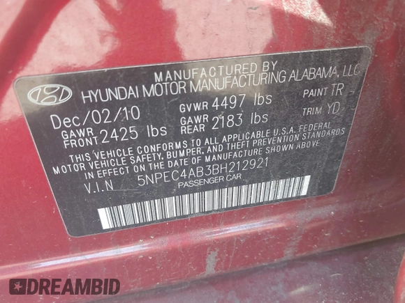 2011 Hyundai Sonata Limited with VIN 5NPEC4AB3BH212921, listed as a IAAI auction lot 42148255 with 153,088 mi miles and . Bid and sale history available at DreamBid. Image 9.
