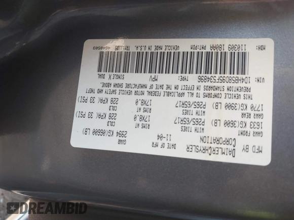 2005 Dodge Durango Limited с VIN 1D4HB58D95F534896, выставлен на аукционе IAAI как лот 41993241 с пробегом 245 471 миль миль и . История ставок и продаж доступна на DreamBid. Изображение 9.