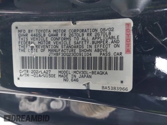 2003 Lexus ES 300 with VIN JTHBF30G230091104, listed as a IAAI auction lot 42004435 with 234,363 mi miles and . Bid and sale history available at DreamBid. Image 9.