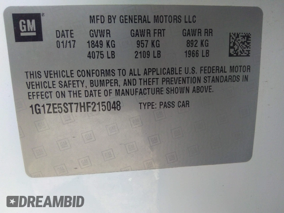 2017 Chevrolet Malibu LT with VIN 1G1ZE5ST7HF215048, listed as a IAAI auction lot 41805292 with 111,932 mi miles and . Bid and sale history available at DreamBid. Image 9.