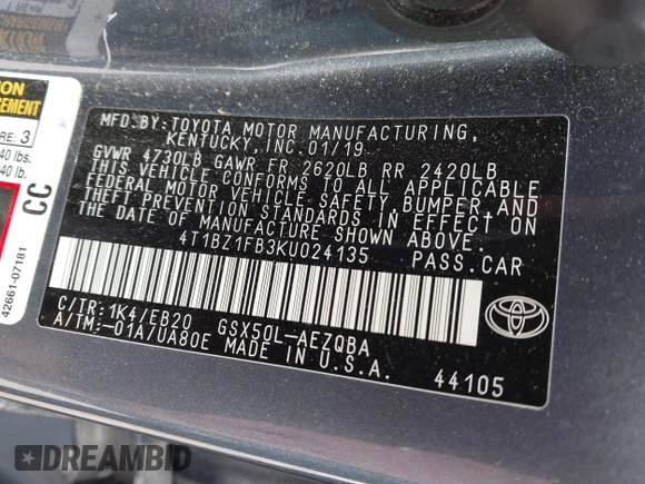2019 Toyota Avalon XLE z VIN 4T1BZ1FB3KU024135, wystawiony jako IAAI lot #41887321 z przebiegiem 80 547 mil mil oraz . Historia ofert i sprzedaży dostępna na DreamBid. Obrazek 9.