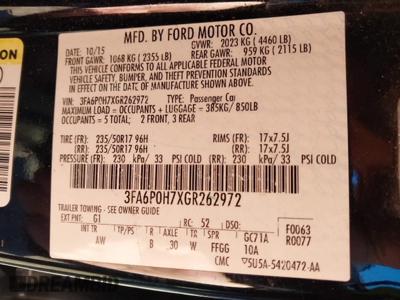2016 Ford Fusion SE with VIN 3FA6P0H7XGR262972, listed as a IAAI auction lot 41374826 with 226,818 mi miles and . Bid and sale history available at DreamBid. Image 9.