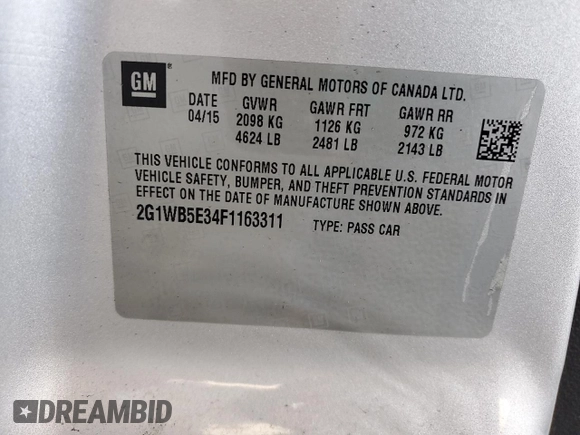 2015 Chevrolet Impala LT with VIN 2G1WB5E34F1163311, listed as a Copart auction lot 64336575 with 118,336 mi miles and Salvage title. Bid and sale history available at DreamBid. Image 12.