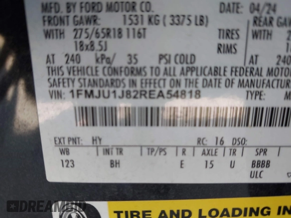2024 Ford Expedition XLT with VIN 1FMJU1J82REA54818, listed as a IAAI auction lot 42785765 with 33,983 mi miles and . Bid and sale history available at DreamBid. Image 9.