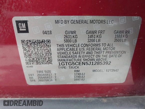 2018 GMC Canyon 2WD SLE with VIN 1GTG5CEN5J1285392, listed as a IAAI auction lot 41596516 with 73,885 mi miles. Bid and sale history available at carsss.com. Image 9.