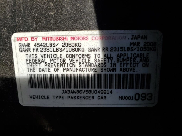 2008 Mitsubishi Lancer Evolution GSR with VIN JA3AW86V58U049914, listed as a Copart auction lot 62105824 with 129,622 mi miles and Salvage Title. Bid and sale history available at carsss.com. Image 14.