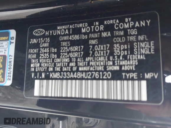 2017 Hyundai Tucson SE with VIN KM8J33A48HU276120, listed as a IAAI auction lot 41731715 with 108,486 mi miles. Bid and sale history available at carsss.com. Image 9.