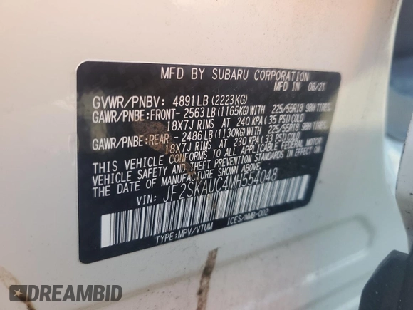 2021 Subaru Forester Limited с VIN JF2SKAUC4MH554048, выставлен на аукционе Copart как лот 55812475 с пробегом 25 708 миль миль и Списание • Salvage title. История ставок и продаж доступна на DreamBid. Изображение 13.