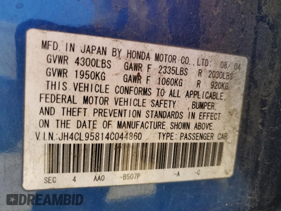 2004 Acura TSX with VIN JH4CL95814C044860, listed as a Copart auction lot 86943964 with 175,736 mi miles and Clean title. Bid and sale history available at DreamBid. Image 12.