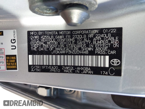2022 Toyota Prius LE with VIN JTDKAMFP3N3209448, listed as a IAAI auction lot 40533784 with 116,436 mi miles and . Bid and sale history available at DreamBid. Image 9.