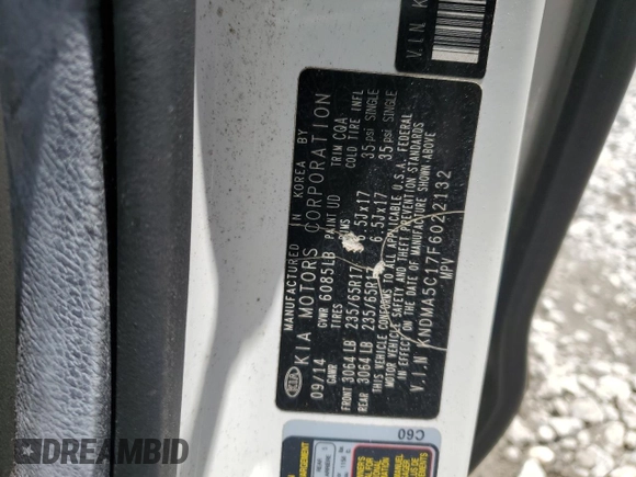 2015 Kia Sedona L with VIN KNDMA5C17F6022132, listed as a Copart auction lot 57431604 with 54,583 mi miles and Salvage Title. Bid and sale history available at carsss.com. Image 13.