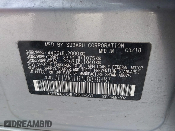 2018 Subaru WRX Limited with VIN JF1VA1L67J8836387, listed as a IAAI auction lot 41620263 with 80,245 mi miles and . Bid and sale history available at DreamBid. Image 9.