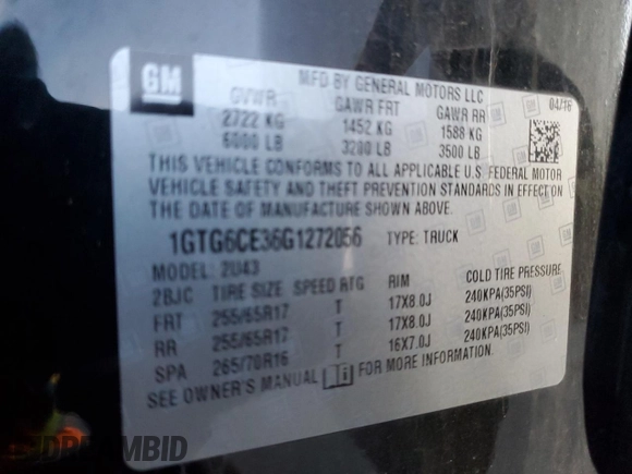 2016 GMC Canyon 4WD SLE with VIN 1GTG6CE36G1272056, listed as a Copart auction lot 88164055 with 69,179 mi miles and Salvage Title. Bid and sale history available at carsss.com. Image 12.