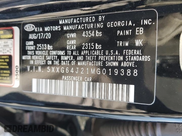 2021 Kia K5 GT-Line with VIN 5XXG64J21MG019388, listed as a Copart auction lot 42765745 with 63,063 mi miles and Salvage Title. Bid and sale history available at carsss.com. Image 12.