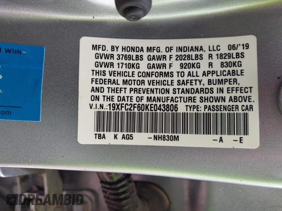 2019 Honda Civic LX with VIN 19XFC2F60KE043806, listed as a IAAI auction lot 41915894 with 123,141 mi miles and . Bid and sale history available at DreamBid. Image 9.