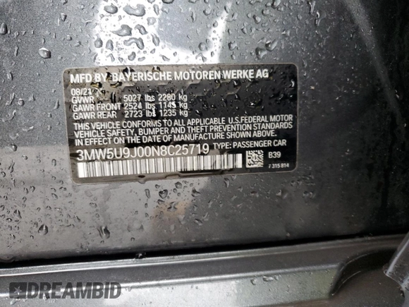 2022 BMW 3 Series M340i xDrive with VIN 3MW5U9J00N8C25719, listed as a Copart auction lot 48188795 with 21,969 mi miles and Salvage Title. Bid and sale history available at carsss.com. Image 12.