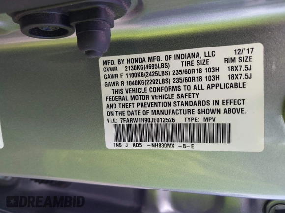 2018 Honda CR-V Touring with VIN 7FARW1H90JE012526, listed as a IAAI auction lot 42055078 with 96,098 mi miles and . Bid and sale history available at DreamBid. Image 9.