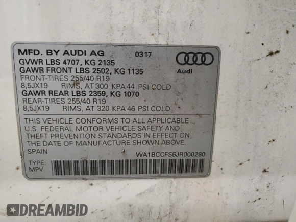 2018 Audi Q3 Premium with VIN WA1BCCFS6JR000280, listed as a Copart auction lot 72663642 with 64,904 mi miles. Bid and sale history available at carsss.com. Image 13.