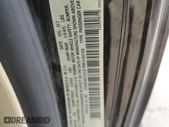 2007 Volkswagen New Beetle Coupe with VIN 3VWEW31CX7M519236, listed as a Copart auction lot 85434464 with 154,806 mi miles and Salvage Title. Bid and sale history available at carsss.com. Image 12.