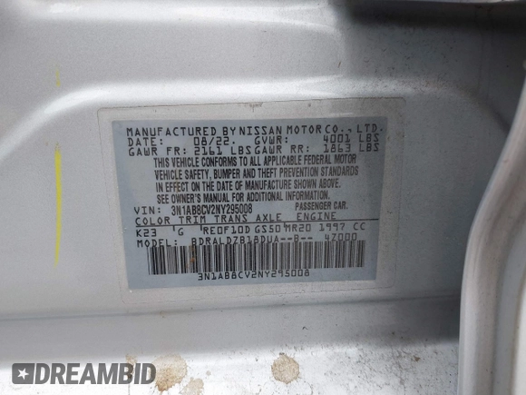 2022 Nissan Sentra SV with VIN 3N1AB8CV2NY295008, listed as a IAAI auction lot 40851544 with 60,991 mi miles and . Bid and sale history available at DreamBid. Image 9.