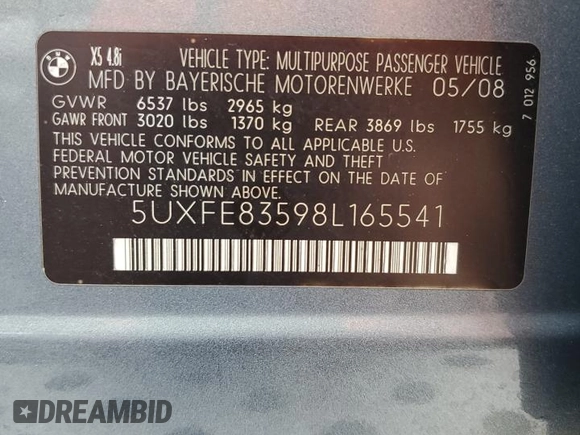 2008 BMW X5 4.8i z VIN 5UXFE83598L165541, wystawiony jako Copart lot #56416875 z przebiegiem 85 028 mil mil oraz Szkoda całkowita • Salvage title. Historia ofert i sprzedaży dostępna na DreamBid. Obrazek 14.