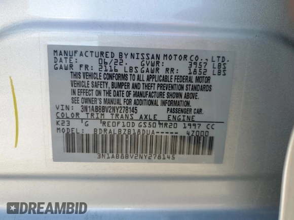 2022 Nissan Sentra S with VIN 3N1AB8BV2NY278145, listed as a Copart auction lot 80972623 with 3,484 mi miles and Clean Title. Bid and sale history available at carsss.com. Image 12.