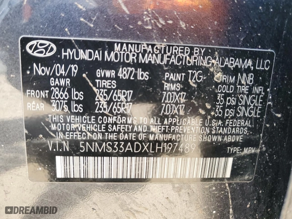 2020 Hyundai Santa Fe SEL with VIN 5NMS33ADXLH197489, listed as a Copart auction lot 47053725 with 0 mi miles and Non Repairable. Bid and sale history available at carsss.com. Image 12.