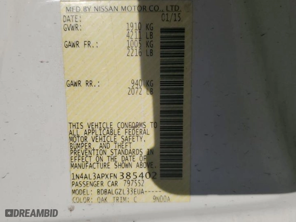 2015 Nissan Altima 2.5 with VIN 1N4AL3APXFN385402, listed as a Copart auction lot 51916605 with 188,959 mi miles and Salvage Title. Bid and sale history available at carsss.com. Image 13.