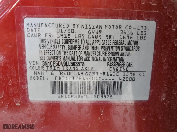2020 Nissan Kicks SR with VIN 3N1CP5DV9LL503578, listed as a Copart auction lot 45718975 with 57,214 mi miles and Salvage Title. Bid and sale history available at carsss.com. Image 13.