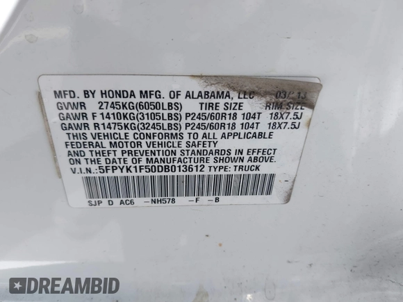 2013 Honda Ridgeline RTL with VIN 5FPYK1F50DB013612, listed as a IAAI auction lot 42430119 with 190,913 mi miles and . Bid and sale history available at DreamBid. Image 9.