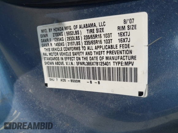2007 Honda Odyssey EX-L с VIN 5FNRL386X7B125401, выставлен на аукционе IAAI как лот 42481399 с пробегом Не указан миль и . История ставок и продаж доступна на DreamBid. Изображение 9.