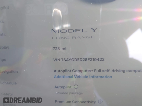 2025 Tesla Model Y Long Range with VIN 7SAYGDED2SF219423, listed as a IAAI auction lot 40984912 with 728 mi miles and . Bid and sale history available at DreamBid. Image 7.