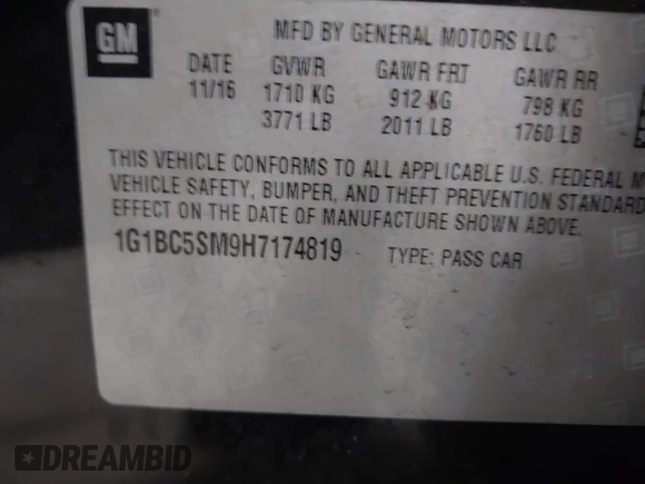 2017 Chevrolet Cruze LS with VIN 1G1BC5SM9H7174819, listed as a IAAI auction lot 41883883 with 98,285 mi miles and . Bid and sale history available at DreamBid. Image 9.