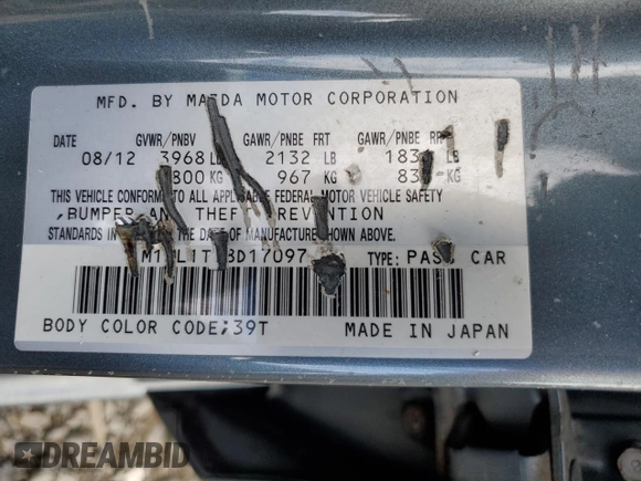 2013 Mazda 3 i SV with VIN JM1BL1TF8D1709748, listed as a Copart auction lot 53201555 with Not Provided miles and Salvage Title. Bid and sale history available at DreamBid. Image 15.