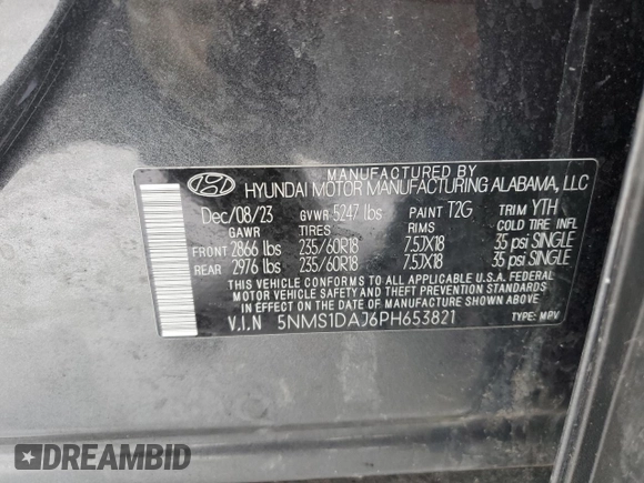 2023 Hyundai Santa Fe SE z VIN 5NMS1DAJ6PH653821, wystawiony jako Copart lot #46329095 z przebiegiem 14 680 mil mil oraz Nie do naprawy • Non repairable. Historia ofert i sprzedaży dostępna na DreamBid. Obrazek 14.