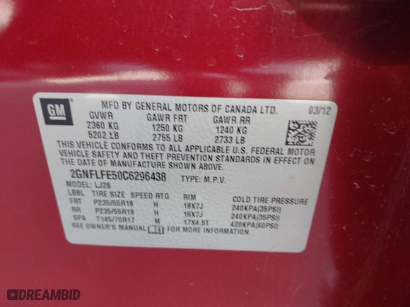 2012 Chevrolet Equinox LTZ with VIN 2GNFLFE50C6296438, listed as a IAAI auction lot 41925853 with 166,141 mi miles. Bid and sale history available at carsss.com. Image 9.