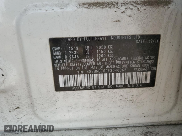 2015 Subaru Legacy Premium с VIN 4S3BNBC60F3040365, выставлен на аукционе Copart как лот 58978715 с пробегом 94 238 миль миль и Списание • Salvage title. История ставок и продаж доступна на DreamBid. Изображение 12.
