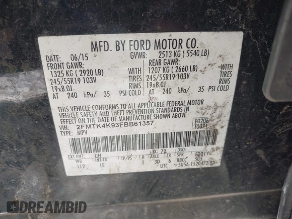 2015 Ford Edge Titanium with VIN 2FMTK4K93FBB61357, listed as a IAAI auction lot 41349092 with 290,055 mi miles. Bid and sale history available at carsss.com. Image 9.