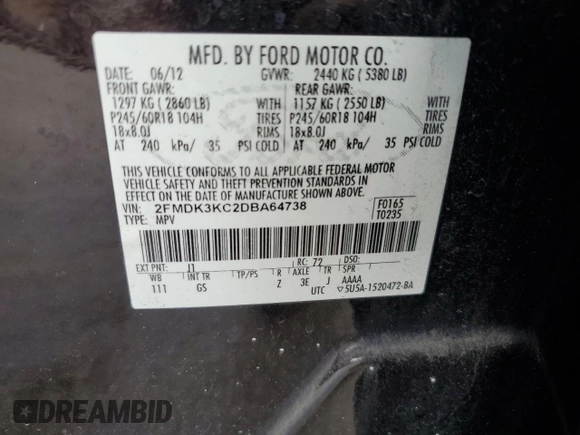 2013 Ford Edge Limited z VIN 2FMDK3KC2DBA64738, wystawiony jako Copart lot #64892235 z przebiegiem 222 061 mil mil oraz Czysty tytuł • Clean title. Historia ofert i sprzedaży dostępna na DreamBid. Obrazek 13.